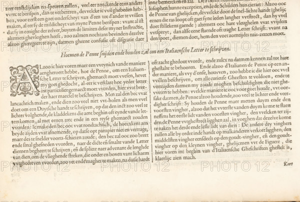 Description of the Italian letter (second continuation) and explanation of how to cut the reed pen for writing the Italian letter, Description of the Italian Letters, How to cut and hold the pen to write an Italian letter, Mirror of the art of writing, Foundation Book, album page, text sheet, Folio C2v with the second continuation of the description of the Italian letter. Then an explanation of how the reed pen must be cut to write an Italian letter. The text begins with a decorated initial A. The sheet is part of an album., writer (clerical worker): Jan van de Velde (I), Rotterdam, 1605, writer (clerical worker), paper, letterpress printing, woodcut, text in letterpress, height 210 mm x width 315 mm, A faded printed page showing two columns of dense serif text with a decorative ornate initial letter on the left column, visible horizontal and vertical alignment guides dividing sections, aged paper with light discoloration and small spots, and darker ink impressions where the type is he...
