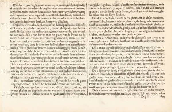 Short report and substantiation of how the Italian letters must be made individually, Description of writing the Italian letter (second continuation), Mirror of the art of writing, Foundation book, album page, text sheet, Folio D2r with a second continuation of the instruction on how the Italian letter must be written. The sheet is part of an album., writer (clerical worker): Jan van de Velde (I), Rotterdam, 1605, writer (clerical worker), paper, letterpress printing, text in letterpress, height 210 mm x width 315 mm, A cream-colored page with two columns of closely set dark brown serif type, separated by a thin vertical line, showing uneven inking and slight fading in places; margins around the text are wide and show small brown speckles and faint smudges, with the paper surface displaying subtle texture and minor discoloration toward the edges.
