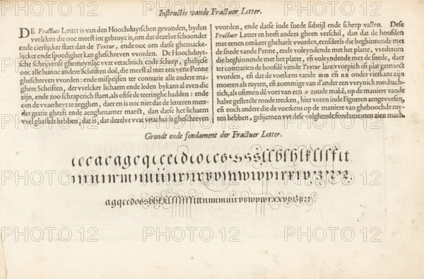 Description and writing example of the Fraktuer Letter, Instruction of the Fraktuer Letter, Instruction of the Dutch coarse and small letters, Mirror of writing, Foundation Book, print, album page, text sheet, Folio E2r with a description and a writing example of the Fraktuer Letter. The sheet is part of an album., printmaker: Simon Frisius, Haarlem, after design by Jan van de Velde (I), Rotterdam, 1605, writer (clerical worker), paper, letterpress printing, engraving, text in letterpress, height 85 mm x width 242 mm, height 210 mm x width 315 mm, calligraphy, A faded printed page with a two-column block of dense dark type at the top and a decorative centered heading beneath it, followed by several lines of stylized calligraphic strokes and ornamental flourishes spreading across the middle of the sheet; the paper shows a warm off-white tone with slight foxing and small scattered spots, faint horizontal crease marks, and a narrow darker margin along the left edge.