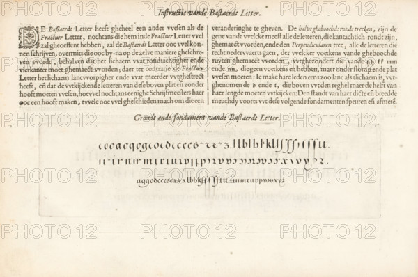 Instruction of the Bastard Letter, Description and writing example of the Bastard Letter, Instruction of the Dutch coarse and small letters, Foundation Book, Mirror of the writing art, print, album page, text sheet, Folio E2v with a description and a writing example of the Bastard Letter. The sheet is part of an album., printmaker: Simon Frisius, Haarlem, after design by Jan van de Velde (I), Rotterdam, 1605, writer (clerical worker), paper, letterpress printing, engraving, text in letterpress, height 68 mm x width 248 mm, height 210 mm x width 315 mm, calligraphy, A cream-colored page with an aged, slightly spotted background displaying a printed layout divided into upper and lower sections by a centered ornamental heading. The top section contains two blocks of dense, dark text separated by a thin vertical rule, and a decorative initial on the left margin with floral motifs. The lower section shows a framed rectangular area with neat rows of stylized calligraphic strokes and marks ar...
