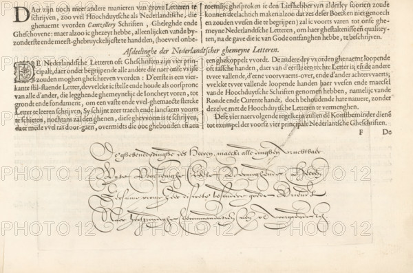 Description and writing example of four Dutch general hands, Section of the Dutch Common Letters, Instruction of the Dutch coarse and small letters, Mirror of the Art of Writing, Foundation Book, print, album page, text sheet, Folio F1r with a description and a writing example of four Dutch 'common letters'. The text begins with a small initial D. The sheet is part of an album., printmaker: Simon Frisius, Haarlem, after design by Jan van de Velde (I), Rotterdam, 1605, writer (clerical worker), paper, letterpress printing, engraving, woodcut, text in letterpress, height 91 mm x width 242 mm, height 210 mm x width 315 mm, calligraphy, A sheet of aged paper with printed blocks of dense, serif text across the top half and an ornate decorative initial at the start of a left column; below the printed text a series of flowing, dark ink penmanship flourishes and looping cursive strokes spread across the lower half, forming elegant calligraphic lines that vary in thickness; faint printed guide ...