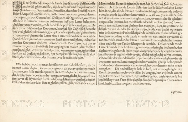 Description of various Dutch letters, Instruction of the Dutch coarse and small letters, Foundation Book, Mirror of the Art of Writing, album page, text sheet, Folio F1v with a description of various Dutch letters. The text begins with a small initial D. The page is part of an album., writer (clerical worker): Jan van de Velde (I), Rotterdam, 1605, writer (clerical worker), paper, letterpress printing, woodcut, text in letterpress, height 210 mm x width 315 mm, The image shows an aged, off-white sheet with two dense columns of small, dark printed text occupying the upper half, a decorative initial at the start of the left column, and a narrow vertical rule separating the columns; the lower half of the sheet is largely blank with subtle paper texture, faint smudges, and slight discoloration, and a small ornamental mark appears near the lower right edge.