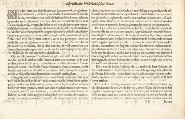 Instruction of Dutch Letters, Instruction on Writing Dutch Letters, Instruction on Dutch Coarse and Small Letters, Foundation Book, Mirror of the Art of Writing, album page, text sheet, Folio F2r with instructions on writing Dutch letters. The text begins with a small initial N. The page is part of an album., writer (clerical worker): Jan van de Velde (I), Rotterdam, 1605, writer (clerical worker), paper, letterpress printing, woodcut, text in letterpress, height 210 mm x width 315 mm, A wide, aged page with two columns of dense printed text separated by a narrow vertical gap, exhibiting uneven yellowing and small brown spots across the surface; the left column begins with an ornate decorative initial featuring intertwined floral and foliate motifs, and the top center bears a short centered heading in a bolder style; margins surround the columns with slightly darker edges and faint smudging, and the paper shows subtle texture and creases consistent with old printed material.