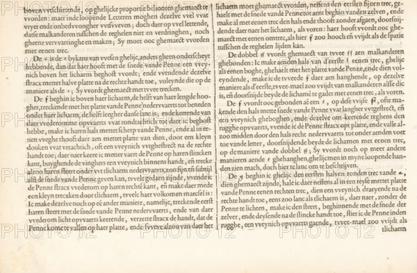 Instruction on writing Dutch literature (continuation), Instruction on writing Dutch coarse and small literature, Foundation Book, Mirror of the art of writing, album page, text sheet, Folio F2v with the continuation of the instruction on writing Dutch literature. The text sheet is part of an album., writer (clerical worker): Jan van de Velde (I), Rotterdam, 1605, writer (clerical worker), paper, letterpress printing, text in letterpress, height 210 mm x width 315 mm, A close-up of a page from an old book showing two columns of dense printed text in a serif type with uneven inking and slight variations in letter shapes, printed on aged, off-white paper with visible discoloration and small brown foxing spots, a narrow vertical gap between the columns, and a margin space at the bottom and sides.