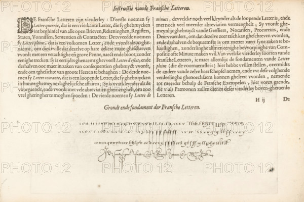 Instruction of French Literature, Description and writing example of French literature, Mirror of the Art of Writing, Foundation Book, print, album page, text sheet, Folio H2r with a description and a writing example of French literature. The text begins with a small initial D. The sheet is part of an album., printmaker: Simon Frisius, Haarlem, after design by Jan van de Velde (I), Rotterdam, 1605, writer (clerical worker), paper, letterpress printing, engraving, woodcut, text in letterpress, height 114 mm x width 247 mm, height 210 mm x width 315 mm, calligraphy, An aged sheet of paper with printed text in a serif type arranged in two columns across the top half, featuring a decorative ornate initial at the start of the left column and a centered italicized heading between the columns, with additional smaller ornamental marks and flourishing calligraphic pen strokes and examples of cursive writing below, all on a pale beige background showing light foxing and faint creases.