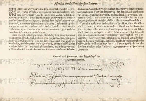 Description and writing example of High German literature, Instruction of High German Literature, Mirror of the Art of Writing, Foundation Book, print, album page, text sheet, Folio I1r with a description and a writing example of High German literature. The sheet is part of an album., printmaker: Simon Frisius, Haarlem, after design by Jan van de Velde (I), Rotterdam, 1605, writer (clerical worker), paper, letterpress printing, engraving, woodcut, text in letterpress, height 77 mm x width 241 mm, height 210 mm x width 315 mm, calligraphy, The image shows a sheet with printed and handwritten elements arranged in two horizontal sections, the upper area filled with dense printed text in dark ink aligned in two columns and separated by a thin vertical rule, while the lower area contains decorative flowing cursive strokes and ornamental calligraphic flourishes in darker ink on a lighter background; the paper has an aged, slightly yellowed tone with faint spots and subtle creases, and a larg...