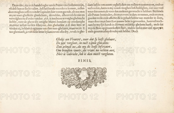 End of the Fondement-Boeck, Spieghel der schrijfkonste, Fondement-Boeck, print, album page, text sheet, The end of the Fondement-Boeck with a Dutch poem in five lines. Below it, an ornament with two fantasy figures holding a shield. The page is part of an album., writer (clerical worker): Jan van de Velde (I), Rotterdam, 1605, writer (clerical worker), paper, letterpress printing, woodcut, text in letterpress, height 210 mm x width 315 mm, height 42 mm x width 81 mm, A faded, aged page with printed text across the top third in a dark serif type, arranged in two justified blocks separated by a narrow vertical gap, and a short centered stanza in a more decorative italic script below them; beneath the stanza a single centered word in small caps sits above an ornate horizontal engraving showing a symmetrical floral and scroll cartouche with two mirrored human-like figures integrated into the design; the paper shows light foxing and small brown spots, especially toward the edges, and the lo...