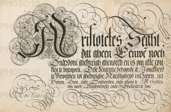 Writing sample: Aristoteles Seght, 't Magazin oft pac-huys der loffelycker penn-const, print, album page, ornamental print, Writing sample with ornamented initial A and seven lines of text in Dutch: Aristoteles Seght ..., printmaker: Simon Frisius, after design by David Roelands, publisher: David Roelands, Flushing, 1616 - 1617, Simon Frisius, David Roelands, printmaker, after design by, publisher, paper, engraving, gravure, height 228 mm x width 345 mm, calligraphy, A detailed ornamental calligraphic composition fills the image with dense black strokes and delicate swirling flourishes on a textured off-white background, featuring large bold ornamental shapes composed of thick curves and densely packed filigree loops, clusters of fine concentric spirals and tiny teardrop and dot motifs woven into the larger strokes, and broad areas of repeating slender vertical strokes rendered in a dark ink. Intricate interlacing loops and sweeping arcing lines extend across the top and lower margins,...