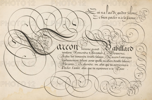 Writing sample: Careon homme grand, 't Magazin oft pac-huys der loffelycker penn-const, print, album page, ornamental print, Writing sample with ornamented initial C and six lines of text in French: Careon homme grand ... Above that two lines of text: Qui na l'art de ... The text is framed by scrollwork., printmaker: Simon Frisius, after design by David Roelands, Flushing, 1616 - 1617, paper, engraving, gravure, height 228 mm x width 345 mm, calligraphy, A large sheet with a light beige background covered in ornate black ink calligraphic flourishes and swirling loops, concentrated on the left and right edges and flowing toward the center, with dense clusters of fine curving lines forming decorative shapes that include thickened strokes and tapered filigree, and areas of repeating spiral motifs; a bold decorative word rendered in a dark black gothic script sits near the center-right, surrounded by several lines of smaller, tightly spaced calligraphic lines arranged vertically beneath it...