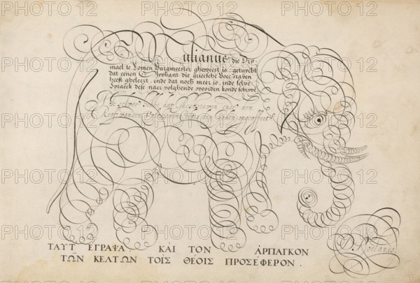 Writing sample with an elephant in scrollwork, 't Magazin oft pac-huys der loffelycker penn-const, print, album page, ornamental print, Writing sample with an elephant in scrollwork and five lines of text in Dutch: Tulianus(?) who was Mayor of Rome for three times ... Below that two lines: I myself have ... At the bottom two lines in Greek., printmaker: Simon Frisius, after design by David Roelands, publisher: David Roelands, Flushing, 1616 - 1617, Simon Frisius, David Roelands, printmaker, after design by, publisher, paper, engraving, gravure, height 228 mm x width 345 mm, trunked animals: elephant, calligraphy, A large drawing of an elephant composed entirely of flowing dark ink spirals and flourishes on a light textured background, showing the elephant's head with a circular eye and long curling tusks and trunk, slender curved legs formed from stacked loops, and a body made of overlapping looping lines; ornate calligraphic handwriting sits near the elephant's upper body, and a line ...