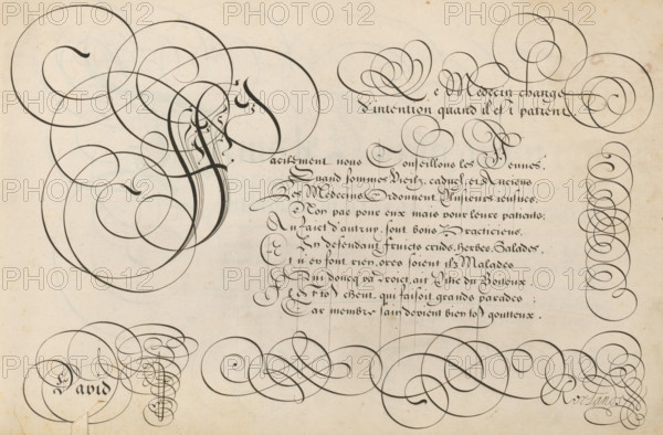 Writing sample: Facilement nous Conseillons, 't Magazin oft pac-huys der loffelycker penn-const, print, album page, ornamental print, Writing sample with an ornamented initial F and ten lines of text in French: Facilement nous Conseillons ... Above that two lines: Le Medecin change ... The text is framed by scrollwork., printmaker: Simon Frisius, after design by David Roelands, publisher: David Roelands, Flushing, 1616 - 1617, Simon Frisius, David Roelands, printmaker, after design by, publisher, paper, engraving, gravure, height 228 mm x width 345 mm, calligraphy, A sheet of aged paper covered in dense black calligraphic flourishes and ornamental loops, with large sweeping circular strokes concentrated on the left and right margins and more compact intertwined spirals and curves decorating the lower edge; a column of vertical, closely spaced flowing penstrokes occupies the center-right area, and delicate curving motifs form decorative clusters near the top and bottom, all rendered in ...