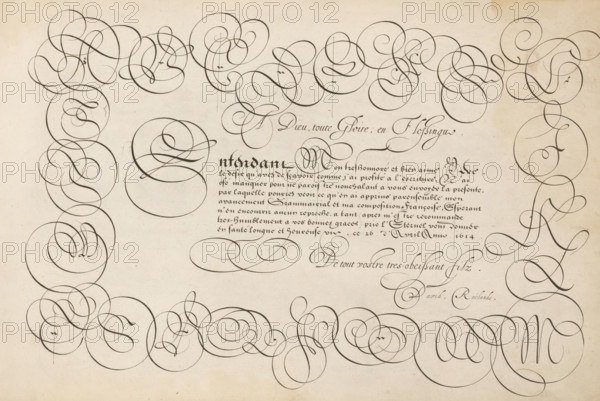 Writing sample: Entendant Mon treshonnoré, 't Magazin oft pac-huys der loffelycker penn-const, print, album page, ornamental print, Writing sample with ten lines of text in French addressed to the father of David Roelands: Entendant Mon treshonnoré ... Above it the text: A Dieu, toute Gloire, en Flessingue. The text is framed by the alphabet., printmaker: Simon Frisius, after design by David Roelands, publisher: David Roelands, Flushing, 1616 - 1617, Simon Frisius, David Roelands, printmaker, after design by, publisher, paper, engraving, gravure, height 228 mm x width 345 mm, calligraphy, A large sheet of aged paper filled with dark flowing ink flourishes forming loops and spirals that create a decorative border around a central block of denser, smaller handwritten strokes, with the ornamental swirls varying in thickness and overlapping across the top, sides, and bottom of the page.