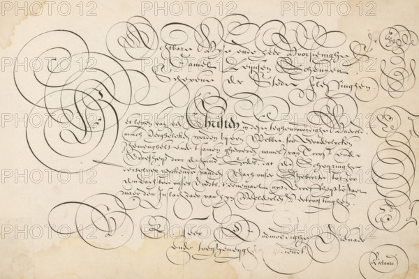 Writing sample: The Life of a Christian, 't Magazin oft pac-huys der loffelycker penn-const, print, album page, ornamental print, Writing sample with large initial H and seven lines of text in Dutch: The Life of a Christian ... Above it a two-line dedication to Daniel Leijnsen Scheuyen from Vlissingen. To the right of the text several figures in scrollwork., printmaker: Simon Frisius, after design by David Roelands, publisher: David Roelands, Flushing, dedicated to: Daniel Leynsz. Scheuye, 1616 - 1617, Simon Frisius, David Roelands, Daniel Leynsz. Scheuye, printmaker, after design by, publisher, paper, engraving, gravure, height 228 mm x width 345 mm, calligraphy, A sheet of aged paper with inked ornamental calligraphic flourishes and looping pen strokes spread across the surface, featuring dense clusters of curving spirals and elegant swirls concentrated toward the upper and central areas and additional circular loops along the right and lower margins, with variations in line thicknes...