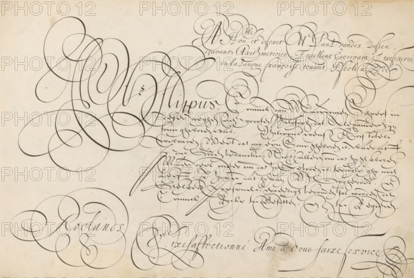 Writing sample: Philippus Coninck van Macedonien, 't Magazin oft pac-huys der loffelycker penn-const, print, album page, ornamental print, Writing sample with nine lines of text in Dutch: Philippus Coninck van Macedonien ... Above it a three-line dedication to Paul van der Dussen., printmaker: Simon Frisius, after design by David Roelands, publisher: David Roelands, Flushing, dedicated to: Paul van der Dussen, Zierikzee, 1616 - 1617, Simon Frisius, David Roelands, Paul van der Dussen, printmaker, after design by, publisher, paper, engraving, gravure, height 228 mm x width 345 mm, calligraphy, A sepia-toned sheet fills the view with flowing dark ink strokes forming elaborate looping flourishes across the surface; thick and thin curving lines intertwine into ornate circular and spiral shapes, concentrated more heavily toward the left and upper center while finer, tightly curled penwork covers the right side in a dense, flowing band; the paper shows subtle age spots and faint creases, and...