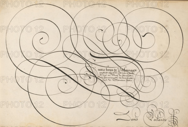 Writing sample: Quatre sortes de Personnages, 't Magazin oft pac-huys der loffelycker penn-const, print, album page, ornamental print, Writing sample with five lines of text in French: Quatre sortes de Personnages ... The text is framed by scrollwork., printmaker: Simon Frisius, after design by David Roelands, publisher: David Roelands, Flushing, 1616 - 1617, Simon Frisius, David Roelands, printmaker, after design by, publisher, paper, engraving, gravure, height 228 mm x width 345 mm, calligraphy, A sheet of aged paper with numerous overlapping dark ink spirals and flowing curved lines varying in thickness across the surface, some spirals large and loose while others are tighter and more compact, with several elegant hooked terminations and teardrop-shaped stroke endings, faint paper texture and small spots visible, and a cluster of denser ornamental strokes near the lower right.