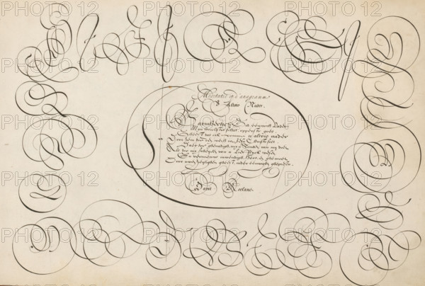 Writing example: Meditation on the anagram, 't Magazin oft pac-huys der loffelycker penn-const, print, album page, ornamental print, Writing example with ten lines of text in Dutch: Meditation on the anagram ... The text is framed by initials., printmaker: Simon Frisius, after design by David Roelands, publisher: David Roelands, Flushing, 1616 - 1617, Simon Frisius, David Roelands, printmaker, after design by, publisher, paper, engraving, gravure, height 228 mm x width 345 mm, calligraphy, A large sheet with many elegant, looping black ink flourishes and swirls arranged around a central oval, the flourishes varying in thickness and forming circular and ribbon-like shapes along the edges and bottom; the central oval contains denser, smaller cursive marks and compact decorative loops, and thin guide lines extend vertically and diagonally intersecting the oval; the background is an aged off-white paper with subtle discoloration and tiny speckles.