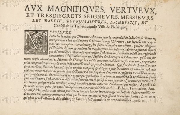 To the magnificent, virtuous, and discreet lords, Dedication to the bailiff, mayors, aldermen and council of the city of Vlissingen, page 1 of 2, The Magazine or House of the Loyal Penmanship, album page, text sheet, Text sheet with a dedication to the bailiff, page 1 of 2. The text begins with a historiated initial M. The text sheet is part of an album., writer (clerical worker): David Roelands, Flushing, 1617-01-03 - 1616-01-03, writer (clerical worker), paper, letterpress printing, woodcut, text in letterpress, height 225 mm x width 335 mm, initial, Aged paper with dark printed lines of ornate typography at the top and a block of dense printed paragraph text below, featuring a large decorative initial square containing an illustrated scene with curved lines and a stylized letter shape, faint spots and discoloration scattered across the page, and even margins of blank space surrounding the printed area.