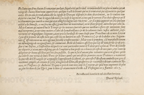 To the magnificent, virtuous, and discreet lords, Dedication to the bailiff, mayors, aldermen and council of the city of Vlissingen, page 2 of 2, 't Magazin oft pac-huys der loffelycker penn-const, album page, text sheet, Text sheet with a dedication to the bailiff, page 2 of 2. The text sheet is part of an album., writer (clerical worker): David Roelands, Flushing, publisher: David Roelands, dedicated to: Mayors, 1617-01-03 - 1616-01-03, David Roelands, Mayors, writer (clerical worker), publisher, paper, letterpress printing, letterpress text, height 225 mm x width 335 mm, A large sheet of aged paper with an off-white background and subtle brown spotting, showing a dense block of evenly spaced, dark printed lines in a flowing script across the upper left and center area, leaving wide margins around the edges; the inked lines form neat, slightly slanted rows that taper toward the right, and there is a small separate cluster of darker printed marks near the lower right above a faint sig...
