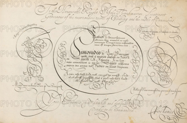 Writing example: Fratres, si credimus, 't Magazin oft pac-huys der loffelycker penn-const, print, album page, ornamental print, Writing example with texts in Latin, French and English: Fratres, si credimus ..., Simonides le Poete ..., A man who hath lived well ... Above this a two-line text with a dedication to Sir John Throckmorton, English commander of Vlissingen. The text is flanked by a bear with a sword and a winged dragon in scrollwork., printmaker: Simon Frisius, after design by David Roelands, publisher: David Roelands, Flushing, dedicated to: John Throckmorton, 1616 - 1617, Simon Frisius, David Roelands, John Throckmorton, printmaker, after design by, publisher, paper, engraving, gravure, height 228 mm x width 345 mm, calligraphy, A large sheet with an aged beige background features ornate black ink calligraphic flourishes and decorative loops across the surface, including a prominent sweeping circular flourish near the center surrounded by smaller spiral and ribbon-like pen s...