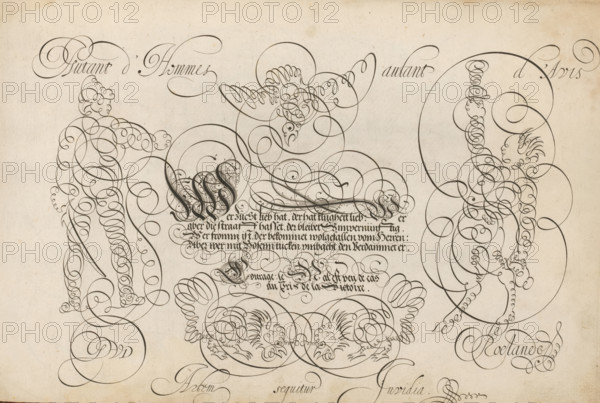 Writing sample: Wer zücht heb hat, 't Magazin oft pac-huys der loffelycker penn-const, print, album page, ornamental print, Writing sample with an ornamented initial W and four lines of text in German: Wer zücht heb hat ... Various figures in scrollwork. The text is flanked by a man with a sword and a satyr. At the top a bird and at the bottom two roosters., printmaker: Simon Frisius, after design by David Roelands, publisher: David Roelands, Flushing, 1616 - 1617, Simon Frisius, David Roelands, printmaker, after design by, publisher, paper, engraving, gravure, height 228 mm x width 345 mm, calligraphy, The image shows a cream-colored sheet filled with dark, flowing ornamental linework forming looping spirals and elegant flourishes that outline stylized human figures and decorative motifs; on the left a standing figure composed of densely packed spirals holding a long curved object, on the right a mirrored figure formed from continuous circular strokes with an arm raised, and near the ...