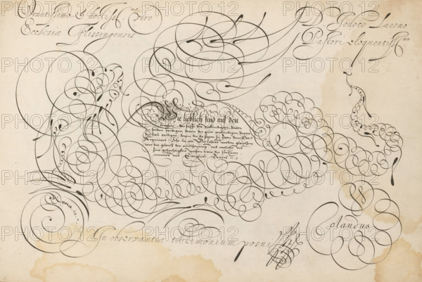 Writing sample with a dragon in scrollwork, 't Magazin oft pac-huys der loffelycker penn-const, print, album page, ornamental print, Writing sample with a dragon in scrollwork and eight lines of text in German: Wie lieblich sind ... Above it a dedication in Latin to Joos (Jodocus) van Laren, minister of Vlissingen., printmaker: Simon Frisius, after design by David Roelands, publisher: David Roelands, Flushing, dedicated to: Joost van Laren, 1616 - 1617, Simon Frisius, David Roelands, Joost van Laren, printmaker, after design by, publisher, paper, engraving, gravure, height 228 mm x width 345 mm, calligraphy, A sheet of aged paper with dark ink flourishes and ornate looping pen strokes covering much of the surface, featuring sweeping circular spirals, dense clusters of tight curls, elongated curved lines, and teardrop-shaped ink accents; the ink varies from thin hairlines to thicker downstrokes, creating ornamental calligraphic designs that form large cloud-like patterns and spiral moti...