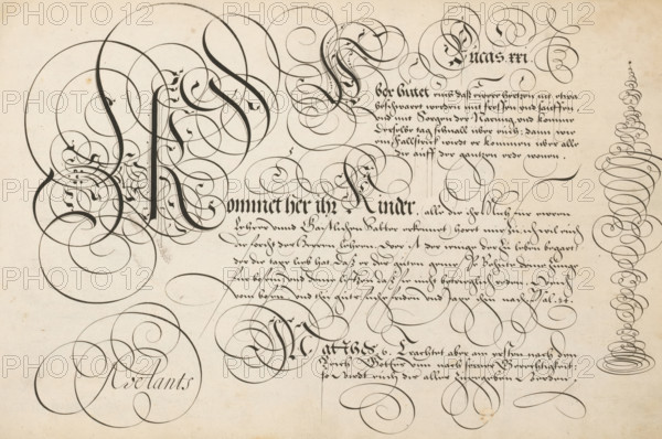 Writing example: Aber hutet euch, 't Magazin oft pac-huys der loffelycker penn-const, print, album page, ornament print, Writing example with six lines of text in German: Aber hutet euch ..., followed by an ornamented initial K and the texts: Kommet her ihr Kinder ... and Matthew .6. On the right a chalice in scrollwork., printmaker: Simon Frisius, after design by David Roelands, publisher: David Roelands, Flushing, 1616 - 1617, Simon Frisius, David Roelands, printmaker, after design by, publisher, paper, engraving, height 228 mm x width 345 mm, calligraphy, A large sheet with dense black ink flourishes and ornamental loops covering much of the surface, featuring broad, sweeping curved lines that intertwine and form circular and spiral shapes, with a band of closely spaced ornamental loops running vertically near the right edge, several areas where thicker strokes create dark, calligraphic forms, and blocks of tightly arranged fine cursive strokes forming compact horizontal lines, all ...