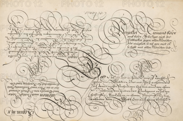 Writing sample: Vergeldet Niemand böses, 't Magazin oft pac-huys der loffelycker penn-const, print, album page, ornamental print, Writing sample with four blocks of text in German. The left half is upside down. Top right: Vergeldet Niemand böses ..., printmaker: Simon Frisius, after design by David Roelands, publisher: David Roelands, Flushing, 1616 - 1617, Simon Frisius, David Roelands, printmaker, after design by, publisher, paper, engraving, gravure, height 228 mm x width 345 mm, calligraphy, A sheet with dark flowing ink strokes forming elaborate looping flourishes and ornate calligraphic swirls across a pale, slightly aged background, with dense clusters of curved lines concentrated in various areas and thinner, more delicate loops interwoven among bolder strokes, subtle ink spots and faint paper texture visible, and several decorative circular motifs composed of interlacing lines scattered across the surface.