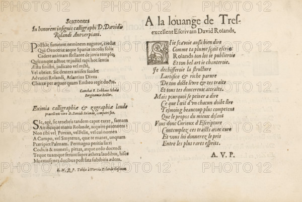 Three threshold poems, 't Magazin oft pac-huys der loffelycker penn-const, albumblad, text sheet, Text sheet with three threshold poems in Latin and French, dedicated to David Roelands. The French-language poem begins with a historiated initial S. The text sheet is part of an album., writer (clerical worker): Richard Lubbaeus, Bergen op Zoom, writer (clerical worker): Tobias van de Werve, Goes, writer (clerical worker): Abraham van Pere (possibly), publisher: David Roelands, Flushing, dedicated to: David Roelands, 1616 - 1617, Richard Lubbaeus, Tobias van de Werve, Abraham van Pere, David Roelands, writer (clerical worker), publisher, paper, letterpress printing, woodcut, text in letterpress, height 225 mm x width 335 mm, initial, An aged sheet with printed text arranged in two columns, the left column containing Latin lines in a serif typeface with varied font sizes and decorative initial letters, and the right column showing lines of French text in a slanted serif script with a decor...