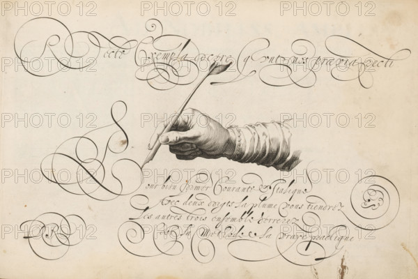 Recte Exempla docere, Right hand with a quill pen, 't Magazin oft pac-huys der loffelycker penn-const, print, album page, ornamental print, Right hand with a quill pen and a motto in Latin: Recte Exempla docere. Including four lines of text in French: Pour bien former courante et italique ..., printmaker: Simon Frisius, after design by David Roelands, publisher: David Roelands, Flushing, 1616 - 1617, Simon Frisius, David Roelands, printmaker, after design by, publisher, paper, engraving, gravure, height 228 mm x width 345 mm, calligraphy, quill, handwriting, writing as activity, A detailed pen-and-ink drawing on aged paper showing a realistic hand holding a long quill, the hand rendered with fine crosshatching and wearing a gathered sleeve, surrounded by numerous elegant flowing calligraphic flourishes and large looping ornamental strokes that extend across the page, with some decorative spiral motifs and faint smudges and spots on the background.