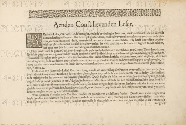 To the reader, page 1 of 4, To the const-lievenden leser, 't Magazin oft pac-huys der loffelycker penn-const, album page, text sheet, Text sheet titled: To the const-lievenden leser, page 1 of 4. The text begins with a decorated initial B. At the top, an ornamental border of fleurons. The text sheet is part of an album., writer (clerical worker): David Roelands, Flushing, publisher: David Roelands, 1617-01-24 - 1616-01-24, David Roelands, writer (clerical worker), publisher, paper, letterpress printing, woodcut, text in letterpress, height 225 mm x width 335 mm, initial, A yellowed sheet with aged paper texture and unevenly darkened edges showing a decorative floral border near the top, a large ornamental initial box on the left, a prominent centered heading in larger type, and multiple lines of printed text arranged in neat paragraphs across the page.