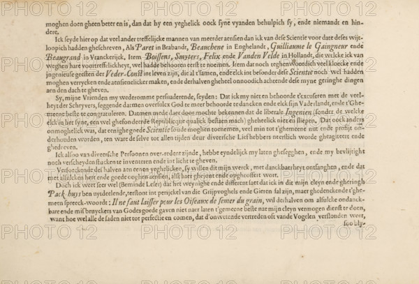 To the reader, page 2 of 4, To the const-lievenden leser, 't Magazin oft pac-huys der loffelycker penn-const, album page, text sheet, Text sheet titled: To the const-lievenden leser, page 2 of 4. The text sheet is part of an album., writer (clerical worker): David Roelands, Flushing, publisher: David Roelands, 1617-01-24 - 1616-01-24, David Roelands, writer (clerical worker), publisher, paper, letterpress printing, text in letterpress, height 225 mm x width 335 mm, A rectangular, slightly yellowed sheet with a block of printed dark text aligned toward the upper left, leaving wide blank margins on the right and bottom; the paper shows subtle age spots and small brown flecks scattered across the surface, with faint darker discoloration along the top edge and a few tiny creases near the corners.