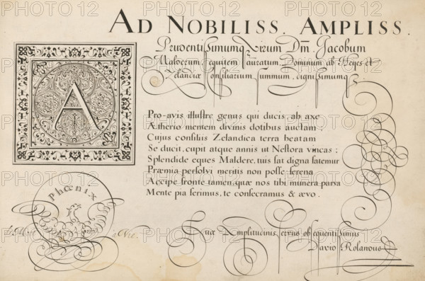Writing example: Pro-avis illustre genus, 't Magazin oft pac-huys der loffelycker penn-const, print, album page, ornamental print, Writing example with a large decorated initial A and eight lines of text in Latin: Pro-avis illustre genus ... Above it a four-line text with a dedication to Jaques (Jacob) van Malderé. Bottom left a phoenix in scrollwork., printmaker: Simon Frisius, after design by David Roelands, publisher: David Roelands, Flushing, dedicated to: Jacob van Malderé, Middelburg, 1616 - 1617, Simon Frisius, David Roelands, Jacob van Malderé, printmaker, after design by, publisher, paper, engraving, gravure, height 228 mm x width 345 mm, calligraphy, Aged paper with ornate black ink decoration including a large square panel containing an intricately patterned circular medallion filled with floral and foliate scrollwork and a prominent outlined letter at its center, elegant sweeping calligraphic flourishes to the right forming loops and spirals, a block of neatly aligned serif...