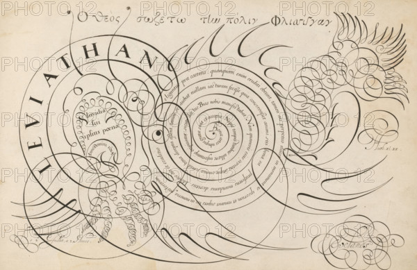 Writing sample with a sea monster in scrollwork, 't Magazin oft pac-huys der loffelycker penn-const, print, album page, ornamental print, Writing sample with a sea monster in scrollwork and a line of text written in a spiral, in Latin: Bonae artes ubique ... At the top a line in Greek. By the mouth of the sea monster: Leviathan., printmaker: Simon Frisius, after design by David Roelands, publisher: David Roelands, Flushing, 1616 - 1617, Simon Frisius, David Roelands, printmaker, after design by, publisher, paper, engraving, gravure, height 228 mm x width 345 mm, calligraphy, A large sheet with black ink calligraphic swirls and flourishes forming concentric spirals and looping shapes that suggest abstract organic forms across a cream-colored background, with thick and thin curved strokes radiating outward and interweaving, several tightly wound spiral patterns, a stylized birdlike head composed of dense looping lines and featherlike strokes at the upper right, ornamental curlicues clust...