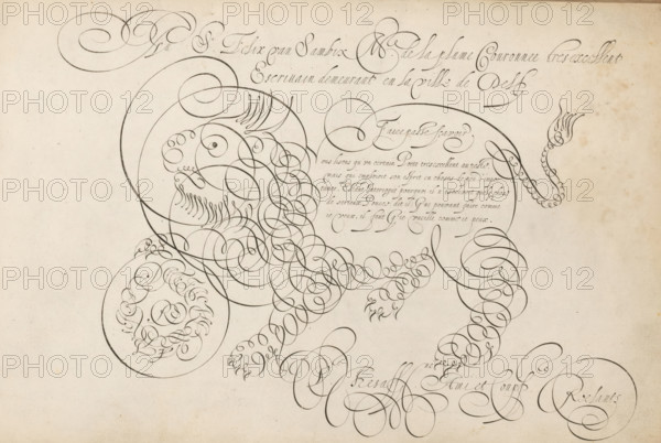Writing sample with a lion in scrollwork, 't Magazin oft pac-huys der loffelycker penn-const, print, album page, ornamental print, Writing sample with a lion in scrollwork and five lines of text in French, titled: Faire passe sçavoir. At the top a two-line text with a dedication to Felix van Sambix, schoolmaster in Delft., printmaker: Simon Frisius, after design by David Roelands, publisher: David Roelands, Flushing, dedicated to: Felix van Sambix, Delft, 1616 - 1617, Simon Frisius, David Roelands, Felix van Sambix, printmaker, after design by, publisher, paper, engraving, gravure, height 228 mm x width 345 mm, calligraphy, A large sheet of aged paper filled with elaborate dark ink flourishes forming looping ornate curlicues and circular spirals that interconnect across the page, with denser clusters of tight loops suggesting rounded shapes and thinner extended swirls reaching outward; areas of delicate thin strokes create decorative fronds and scalloped chains, while broader curved li...