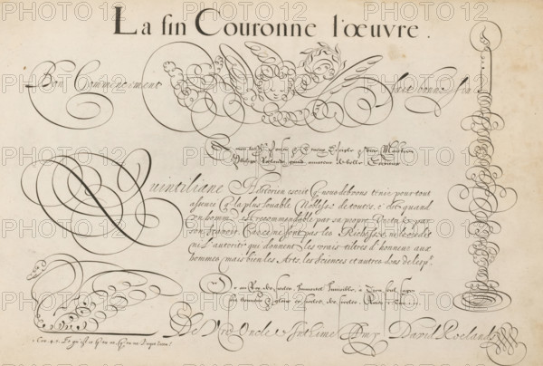 Writing sample: Quintiliane Historien escrit, 't Magazin oft pac-huys der loffelycker penn-const, print, album page, ornamental print, Writing sample with six lines of text in French: Quintiliane Historien escrit ... The sample is titled: La fin Couronne l'oeuvre. Accompanying it is an angel with a laurel wreath and quill, a swan, and a candle on a candlestick in scrollwork., printmaker: Simon Frisius, after design by David Roelands, Flushing, 1616 - 1617, paper, engraving, gravure, height 228 mm x width 345 mm, calligraphy, A sheet with decorative ink calligraphy flourishes and pen drawings on aged paper, featuring a large ornate header in dark ink across the top, a central playful cherub-like face formed from looping lines and surrounded by wing-like swirls, numerous elegant spirals and overlapping circular loops filling much of the page, a tall vertical column of stacked rounded curls on the right ending in an oval base, a stylized swan-like bird composed of flowing curved strokes n...