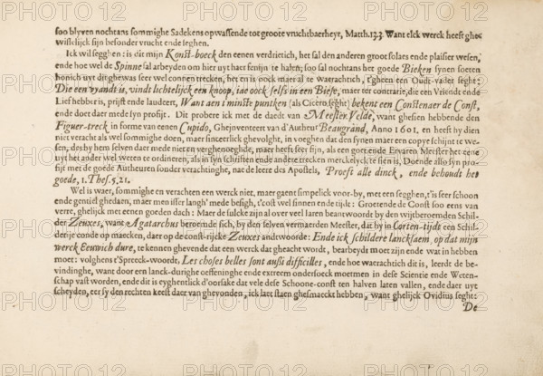 To the reader, page 3 of 4, To the const-lievenden leser, 't Magazin oft pac-huys der loffelycker penn-const, album page, text sheet, Text sheet titled: To the const-lievenden leser, page 3 of 4. The text sheet is part of an album., writer (clerical worker): David Roelands, Flushing, publisher: David Roelands, 1617-01-24 - 1616-01-24, David Roelands, writer (clerical worker), publisher, paper, letterpress printing, text in letterpress, height 225 mm x width 335 mm, A sheet of aged, off-white paper filled with densely set lines of dark brown printed text in an old-style serif typeface, the lines arranged in narrow justified columns across the upper portion of the page, with the text showing variations in ink darkness and occasional worn or uneven letterforms; the paper shows a subtle texture and small scattered spots and foxing marks, darker discoloration along the top edge, and faint uneven edges; the lower portion of the sheet is mostly blank with a few small smudges and a slightly da...