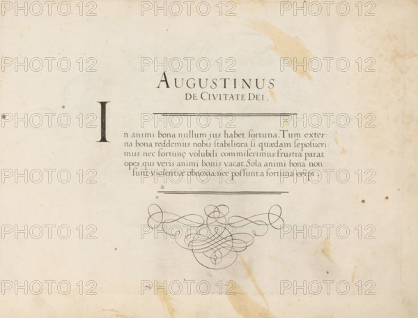 Writing sample: Augustinus de Civitate Dei, Grammato-Graphices. In Quo Varia Scripurae Emblemata, print, album page, ornament print, Writing example with an initial I and five lines of text in Latin: In animi bona ... Above that the title: Augustinus de Civitate Dei. At the bottom an ornament of scrollwork., printmaker: Cornelis Dircksz. Boissens, Amsterdam, 1605, paper, engraving, gravure, height 192 mm x width 273 mm, height 227 mm x width 345 mm, calligraphy, A faded parchment page with a large dark decorative initial on the left and a centered horizontal rule above a block of printed lines, all set above an ornate curving flourish made of looping ink lines; the page shows scattered small stains and spots of discoloration, larger irregular blotches and smears of darker and yellowed tones near the upper right and lower center, subtle pencil or ink smudges and faint circular impressions, and an overall aged, speckled texture.