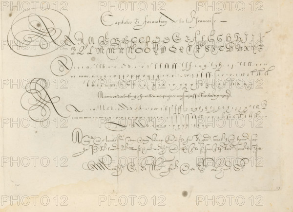 Capitale et formation de la l(et)tre francoise, Writing example: the French letter, Grammato-Graphices. In Quo Varia Scripurae Emblemata, print, album page, ornament print, Series number, 29, Writing example with twelve lines with the alphabet and letter combinations in the French letter., printmaker: Cornelis Dircksz. Boissens, Amsterdam, 1605, paper, engraving, gravure, height 195 mm x width 273 mm, height 227 mm x width 345 mm, calligraphy, A sheet of aged paper with inked calligraphic flourishes and ornamental penmanship arranged in horizontal bands, featuring large looping swirls at the top left and mid left, rows of small elegant strokes and delicate hooked marks across the upper and central area, circular decorative motifs, long vertical thin lines descending from some strokes, clusters of dense cursive-like loops near the lower center, faint spotting and discoloration across the background, and a small dark round blotch toward the bottom edge.