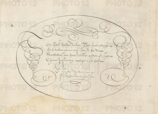 Writing sample: Tout exel(len)t tailleur de tout bois faict, Grammato-Graphices. In Quo Varia Scripurae Emblemata, print, album page, ornament print, Writing example with an oval, scrollwork ornaments and four and two lines of text in French: Tout exel(len)t tailleur de tout bois faict ..., printmaker: Cornelis Dircksz. Boissens, Amsterdam, 1605, paper, engraving, gravure, height 202 mm x width 275 mm, height 227 mm x width 345 mm, calligraphy, A large oval formed by a thin dark line fills the upper portion of an aged, off-white sheet, with ornate, looping pen flourishes symmetrically arranged near the top and sides of the oval; two tall vertically stacked spirals with tight inner loops rise from each side, and broad sweeping scrolls curve near the lower sides of the oval. Inside the oval, delicate intersecting curved lines create an intricate horizontal flourish near the top center, and finer vertical and horizontal strokes descend toward the middle where a rounded decorative loop res...