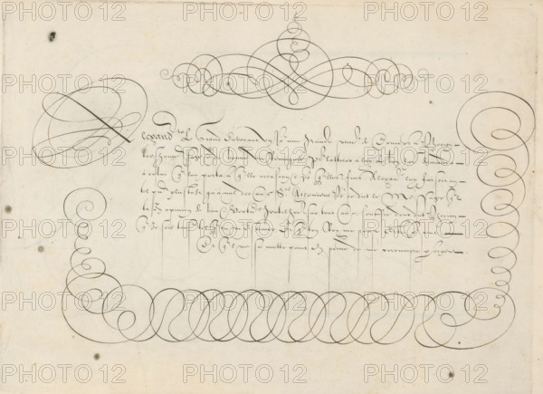 Writing example: Alexandre le Grand envoyant, Grammato-Graphices. In Quo Varia Scripurae Emblemata, print, album page, ornamental print, Writing example with seven lines of text in French: Alexandre le Grand envoyant ... The text is framed by scrollwork., printmaker: Cornelis Dircksz. Boissens, Amsterdam, 1605, paper, engraving, gravure, height 195 mm x width 267 mm, height 227 mm x width 345 mm, calligraphy, A sheet of aged paper with ornate penmanship and decorative flourishes occupying the top, sides, and lower portion of the page, featuring tightly looped spirals and sweeping curved lines in dark ink. The center area contains a block of flowing cursive lines written in a delicate hand, each line ending with long vertical strokes that extend downward. Large ornamental loops frame the composition at left and right edges and a dense horizontal band of interlocking loops stretches across near the bottom. Small ink spots and faint discolorations are scattered across the paper surface.