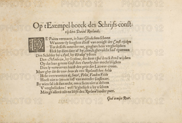 Dutch threshold poem, Op t'Exempel-boeck des schrijfs-constrijcken David Roelands, 't Magazin oft pac-huys der loffelycker penn-const, album leaf, text sheet, Text sheet with a threshold poem for 't Magazin oft pac-huys, titled: Op t'Exempel-boeck des schrijfs-constrijcken David Roelands. The text begins with a decorated initial D. The text sheet is part of an album., writer (clerical worker): unknown, publisher: David Roelands, Flushing, 1616 - 1617, writer (clerical worker), paper, letterpress printing, woodcut, text in letterpress, height 225 mm x width 335 mm, initial, Aged paper with a large printed heading near the top center and a decorative initial block to the left of a column of printed lines, the lines arranged in a centered column that tapers toward the bottom, printed in a dark ink that contrasts with the yellowed, spotted background, with faint ink bleed and a smudged area near the top right of the column and scattered foxing marks across the page, and a short line of sli...