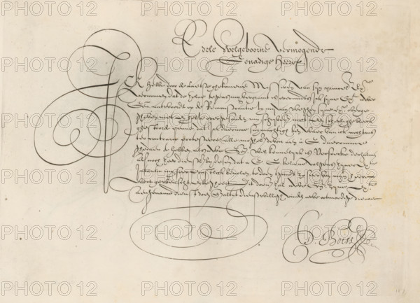 Writing sample: Noble well-born wealthy, Grammato-Graphices. In Quo Varia Scripurae Emblemata, print, album page, ornament print, Series number, 11, Writing example with eleven lines of text in Dutch: Ick hebbe door de laetse ... Above that the salutation: Noble well-born wealthy Genadige Heere., printmaker: Cornelis Dircksz. Boissens, Amsterdam, 1605, paper, engraving, gravure, height 195 mm x width 271 mm, height 227 mm x width 345 mm, calligraphy, A sheet of aged paper with a large ornate ink flourish dominating the left side and another sweeping flourish near the lower center, a block of closely written cursive lines occupying the upper right quadrant, several smaller decorative loops and swirls around the bottom right, and faint spots and discoloration scattered across the background.