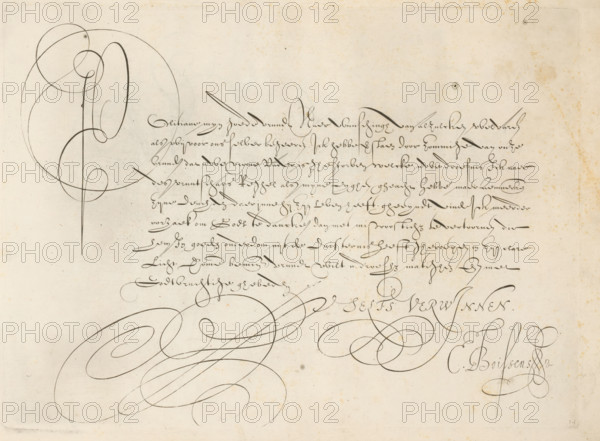 Writing sample: Politiane my good, Grammato-Graphices. In Quo Varia Scripurae Emblemata, print, album page, ornament print, Series number, 14, Writing example with nine lines of text in Dutch: Politiane myn Goede ..., printmaker: Cornelis Dircksz. Boissens, Amsterdam, 1605, paper, engraving, gravure, height 198 mm x width 272 mm, height 227 mm x width 345 mm, calligraphy, A pale, aged sheet fills the image with dark flowing ink strokes arranged across its surface; on the left a large elegant looped flourish rises and curves with thin and thick lines forming overlapping circular shapes, while the right side shows a block of dense, slanted cursive marks written in a fine hand and interspersed with smaller decorative loops; lower on the page broad sweeping ornamental swirls expand outward in graceful spirals, with occasional small dots and faint smudges visible on the paper and subtle discoloration and spotting around the edges.