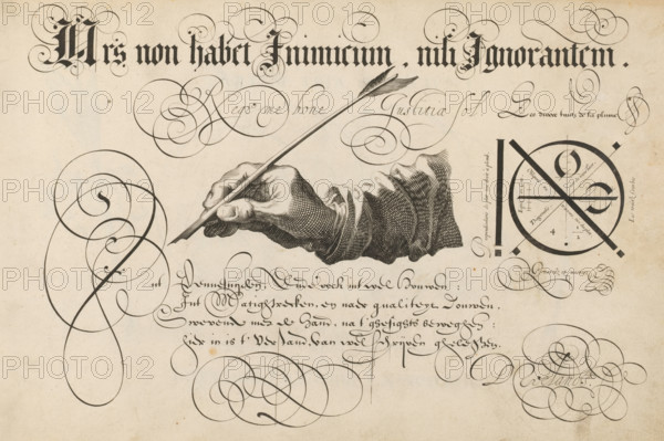 Right hand with goose quill, Ars non habet inimicum, nisi ignorantem, 't Magazin oft pac-huys der loffelycker penn-const, print, albumblad, ornamentprent, Right hand with a goose quill and four lines of Dutch text: In the pen cutting and also in the good hewing, in the matting, and according to quality, Moving with the hand, moving according to sight, Herein lies the understanding of good writing. On the right, a diagram shows the different pen strokes., printmaker: Simon Frisius, after design by David Roelands, publisher: David Roelands, Flushing, 1616 - 1617, Simon Frisius, David Roelands, printmaker, after design by, publisher, paper, engraving, gravure, height 228 mm x width 345 mm, calligraphy, quill, handwriting, writing as activity, A detailed engraving shows a disembodied hand emerging from a sleeve and holding a long feathered quill, surrounded by numerous elegant swirling pen flourishes and ornamental loops. Decorative calligraphic strokes and elaborate curlicues arc across t...