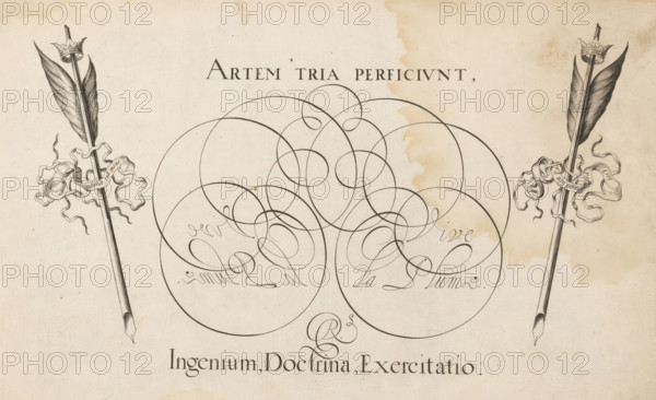 Two crowned quill pens with a banderole and the text: Vive la Plume, Artem tria perficiunt, ingenium, doctrina, exercitatio, 't Magazin oft pac-huys der loffelycker penn-const, print, album page, ornament print, Two crowned quills with a banderole bearing the texts 'Nil penna sed usus' and 'Nil usu penna sed arte'. In the center, the text: Vive la Plume. twice in calligraphy., printmaker: Simon Frisius, after design by David Roelands, publisher: David Roelands, Flushing, 1616 - 1617, Simon Frisius, David Roelands, printmaker, after design by, publisher, paper, engraving, gravure, height 228 mm x width 345 mm, calligraphy, quill, A sheet with an aged, stained background features two tall quill-like objects topped with crowns and wrapped with flowing ribbons positioned near the left and right edges, and a central composition of large overlapping circular loops and elegant, flowing pen strokes forming ornamental calligraphic shapes.