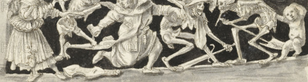 Dance of Death (right half), drawing, watercolor, draftsman (artist): Gesina ter Borch (possibly), Zwolle, after design by Hans Holbein (II), Europe, 1643 - c. 1687, draftsman (artist), paint (coating), keratinous material, feather (material), biological material, materials by function, paper, pen (feather), ink, brush, pen in brown and brush in black, height 40 mm x width 105 mm, height 243 mm x width 360 mm, Pasted drawing with copy of half of a 16th century copy of a lost design by Hans Holbein the Younger for a dagger scabbard., A monochrome scene showing several skeletal figures and a clothed figure standing against a dark background, with the clothed figure wearing a pleated skirt and ruffled sleeves, hands extended toward the skeletons; the skeletons are posed in various crouching and reaching positions, some holding sticks or staffs and one with a draped piece of cloth, all rendered in thin, angular bone forms, while a violin-like instrument lies on the ground in front of them ...