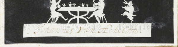 Two drinkers at a table and a servant, cut-paper work, papercut artist: Johannes van Achelom, Amsterdam, c. 1685, paper, prepared paper, snipping, white paper on black prepared paper, height 28 mm x width 82 mm, White cutouts on black paper, pasted together with three other cut-paper artworks on a sheet in the Scrapbook., A horizontal rectangular image shows a black background with a white silhouette scene near the top depicting two seated figures facing each other across a table with curved legs and small objects on top, and a smaller jumping figure to the right; below the silhouette scene is a lighter rectangular panel with faint cursive markings, and the image is bordered by a narrow light margin.
