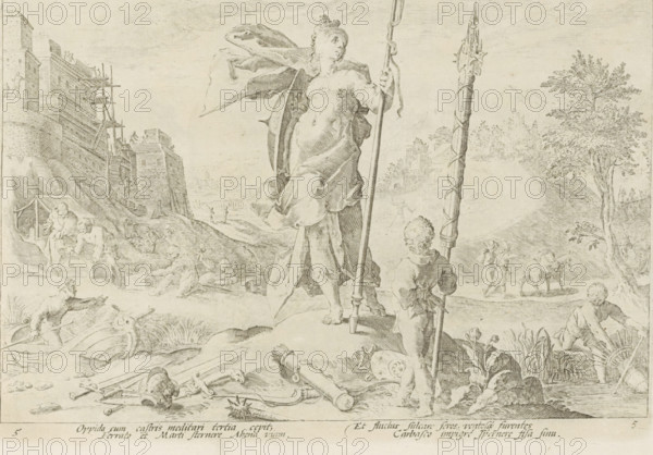Bronze Age, Ovid's Metamorphoses, Re-creations by P. Ovid Naso, print, album page, Series number, 5, 52, Depiction of life during the Bronze Age, which was rougher in nature and where people were quicker to prepare for battle than in the Silver Age. In the foreground stands Minerva with a boy beside her holding a bundle of bladed weapons. Various weapons also lie on the ground: swords, a helmet and shield, a quiver, and a morning star. On the left in the background, men are building a defensive structure or fort. On the right, a boy pulls a duck basket out of the water. Below the image, two sets of two lines of verse in Latin., printmaker: workshop of Hendrick Goltzius, Haarlem, after design by Hendrick Goltzius, writer (clerical worker): Franco Estius, publisher: Hendrik Bosch, Amsterdam, 1589, 1728, Hendrick Goltzius, Franco Estius, Hendrik Bosch, printmaker, after design by, writer (clerical worker), publisher, paper, engraving, gravure, height 174 mm x width 255 mm, building activi...