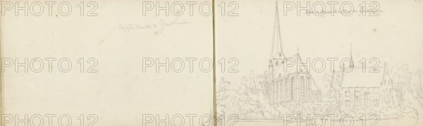 Church and Beguine convent at Griethausen, sketchbook page, Page 45 verso and 46 recto from a sketchbook with 69 pages., annotation: 'Church and Beguine convent at Griethuizen, water', draftsman (artist): Abraham de Haen (II), Griethausen, draftsman (artist): Cornelis Pronk, 1731, draftsman (artist), North Rhine-Westphalia, materials by function, paper, pencil, ink, pen, pen in grey, height 143 mm x width 222 mm, church (exterior), abbey, monastery, convent, Roman Catholic church, St. Martin's Church (Griethausen), A wide pencil sketch on aged paper showing a church with a tall pointed spire and adjacent pitched-roof building set behind trees and low vegetation, with a horizontal waterline in the foreground and faint sketching marks and smudges across the paper.