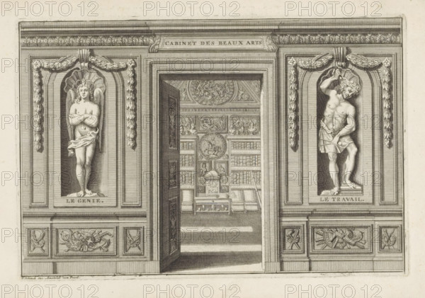 Open door to an art room with statues on either side of the personifications of Genius and Work, Cabinet des Beaux Arts, Le Cabinet des Beaux Arts, The Treasury of the Fine Arts, print, album page, title page, Open door to a room with an art collection. On either side statues of the personifications of Genius, with flame of inspiration on the head, and Work with hammer and compass. Print is part of an album., printmaker: Pieter Sluyter, Amsterdam, after print by Pierre Lepautre, publisher: Pieter Schenk (I), grantor of privilege: States of Holland and West Friesland, 1693, Pierre Lepautre, after print by, paper, etching, engraving, etching and engraving, height 220 mm x width 311 mm, 'Genio' (Ripa), Labour, cabinet of curiosities, 'Kunst- und Wunderkammer', An architectural engraving showing a central open doorway flanked by two recessed niches each containing a sculpted full-length figure, the left figure with wings and crossed arms draped with a cloth at the waist and standing on a s...